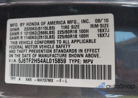 2010 Honda Accord Crosstour Ex-L from USA, damaged, VIN 5J6TF2H54AL015859